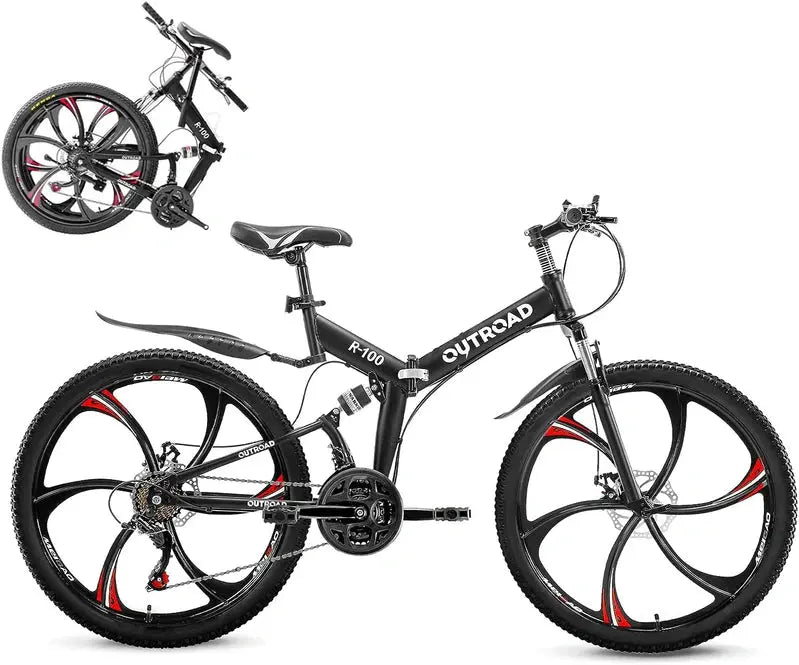 Outroad 26-Inch Folding Mountain Bike – 21-Speed, Dual Suspension, Compact Fold Design for Adults
