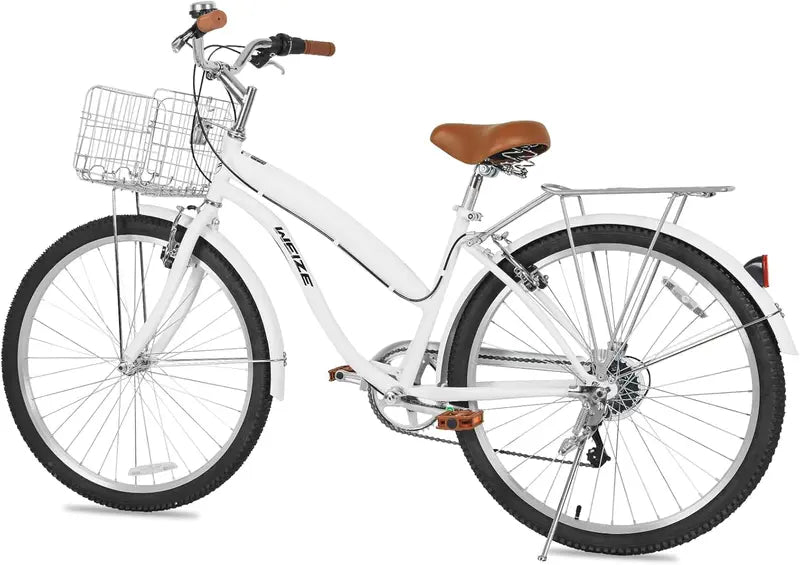 WEIZE 26″ Beach Cruiser Bike – 7-Speed Commuter Bicycle with Fenders, Rear Rack, Ergonomic Upright Frame & Comfort Saddle