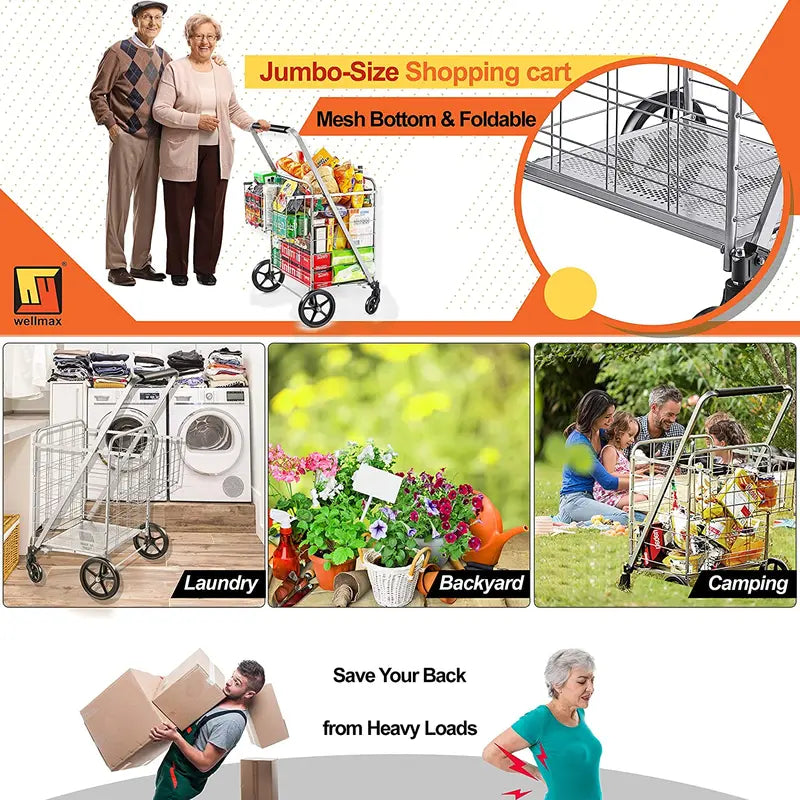 Wellmax Heavy-Duty Rolling Metal Grocery Shopping Cart