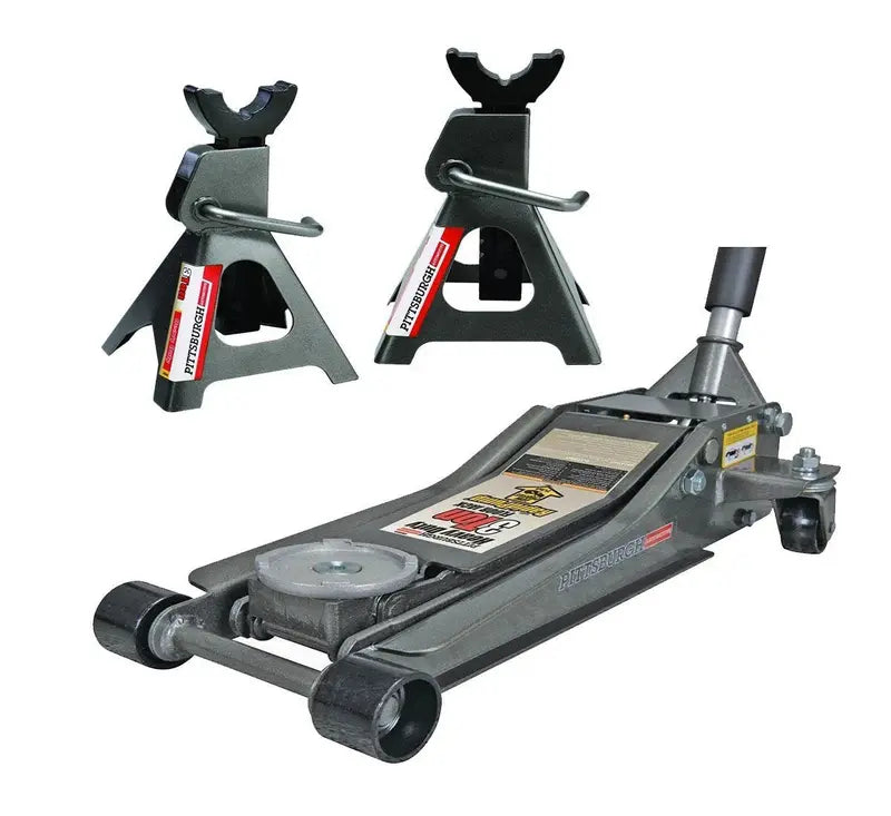 Pittsburg 3-Ton Low-Profile Floor Jack with Rapid Pump + Matching Jack Stands Set