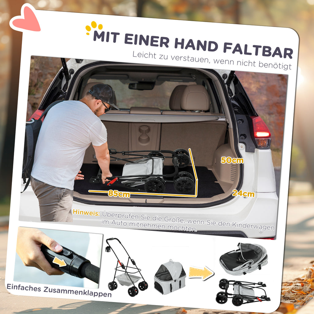 PawHut 3-in-1-Haustierkinderwagen, zusammenklappbarer Hundewagen mit 4 Rädern und abnehmbarer Trage für Hunde und Katzen, Grau
