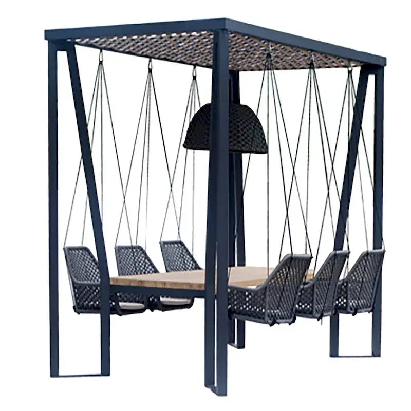 Skyline Design Horizon Pergola System – Includes Integrated Lighting, Hanging Chairs, and Teak Dining Table