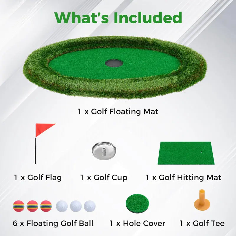 Oval Floating Pool Golf Green – Chipping Mat Kit with Hitting Surface, Balls, Flag & Tee (37.5″ x 25.5″)