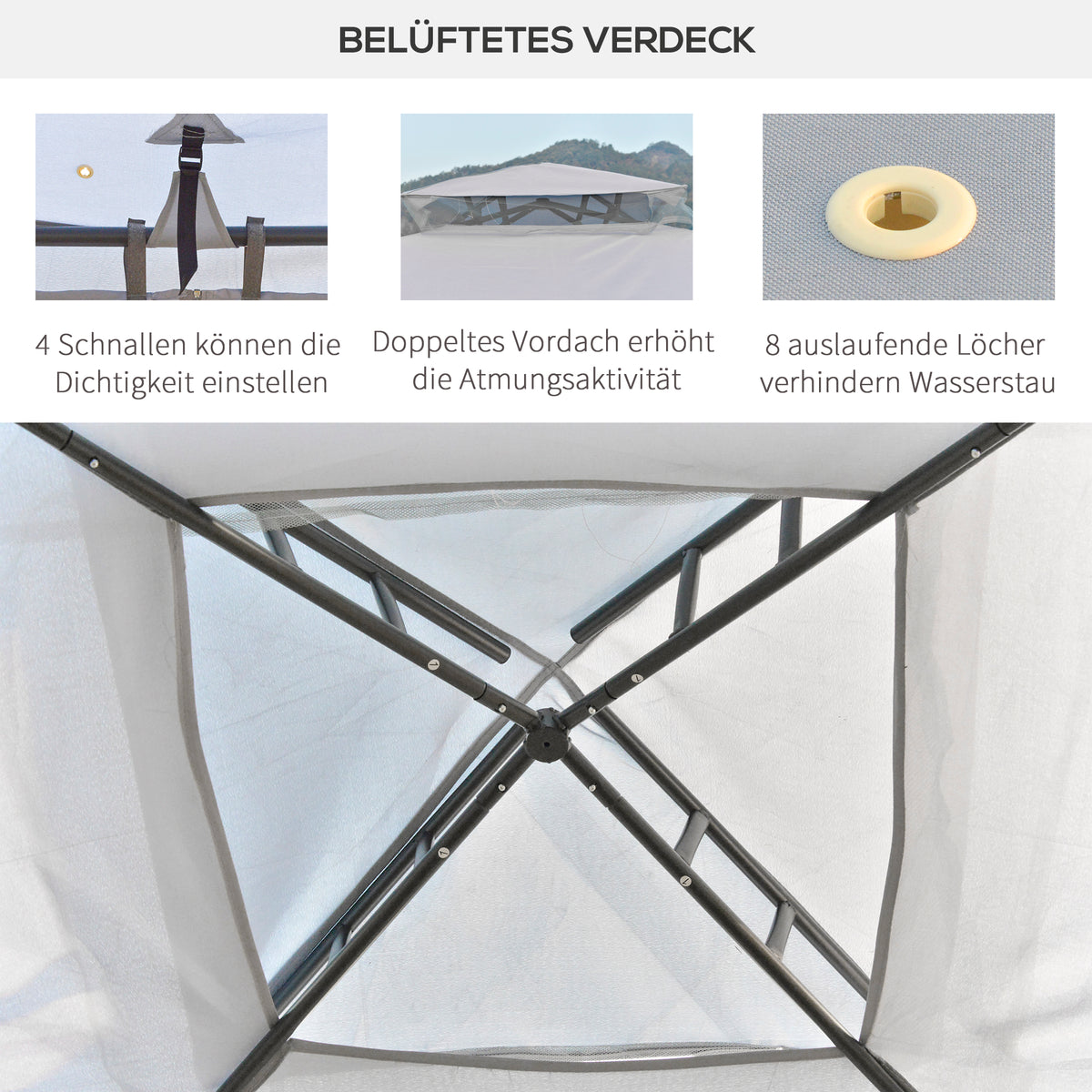 Outsunny Pavillon mit Doppeldach, 3x2 m Wasserdicht Stabil Winterfest Gartenpavillon mit Moskitonetz, Seitenteile, Garten-Pavillon aus Metall, für Garten, Terrasse, Hellgrau