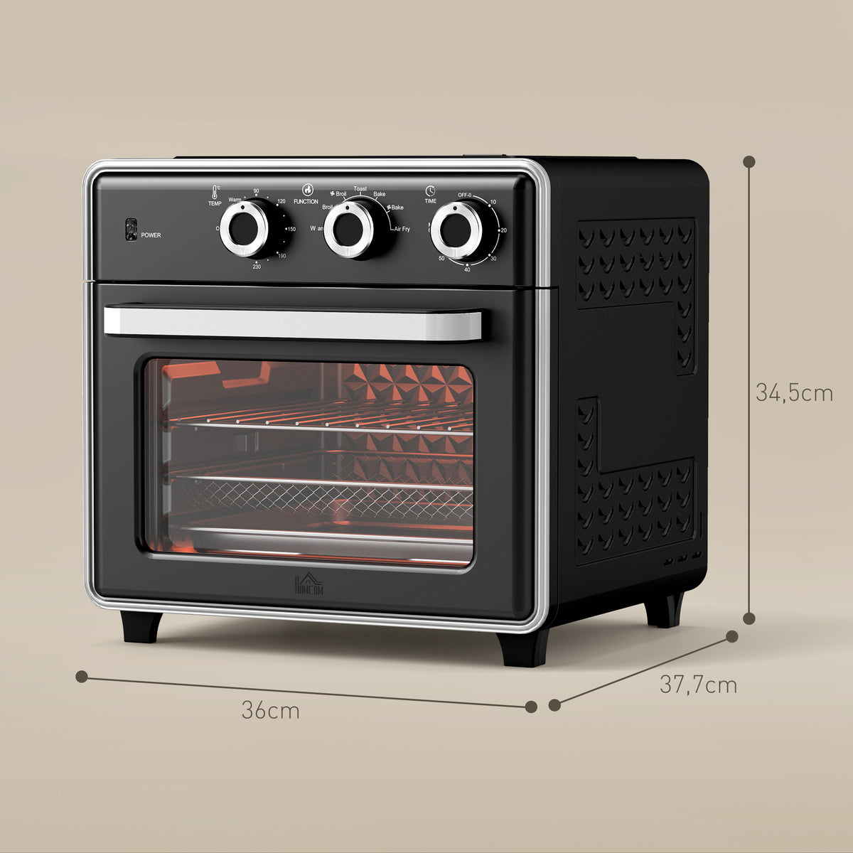 HOMCOM Minibackofen, 20L, 5 Funktionen, 360° Heißluft, Grillrost, Krümelblech, Schwarz