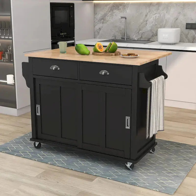 Rubberwood Kitchen Island Cart – Drop-Leaf Countertop, Concealed Barn Door Storage, and 4 Locking Casters