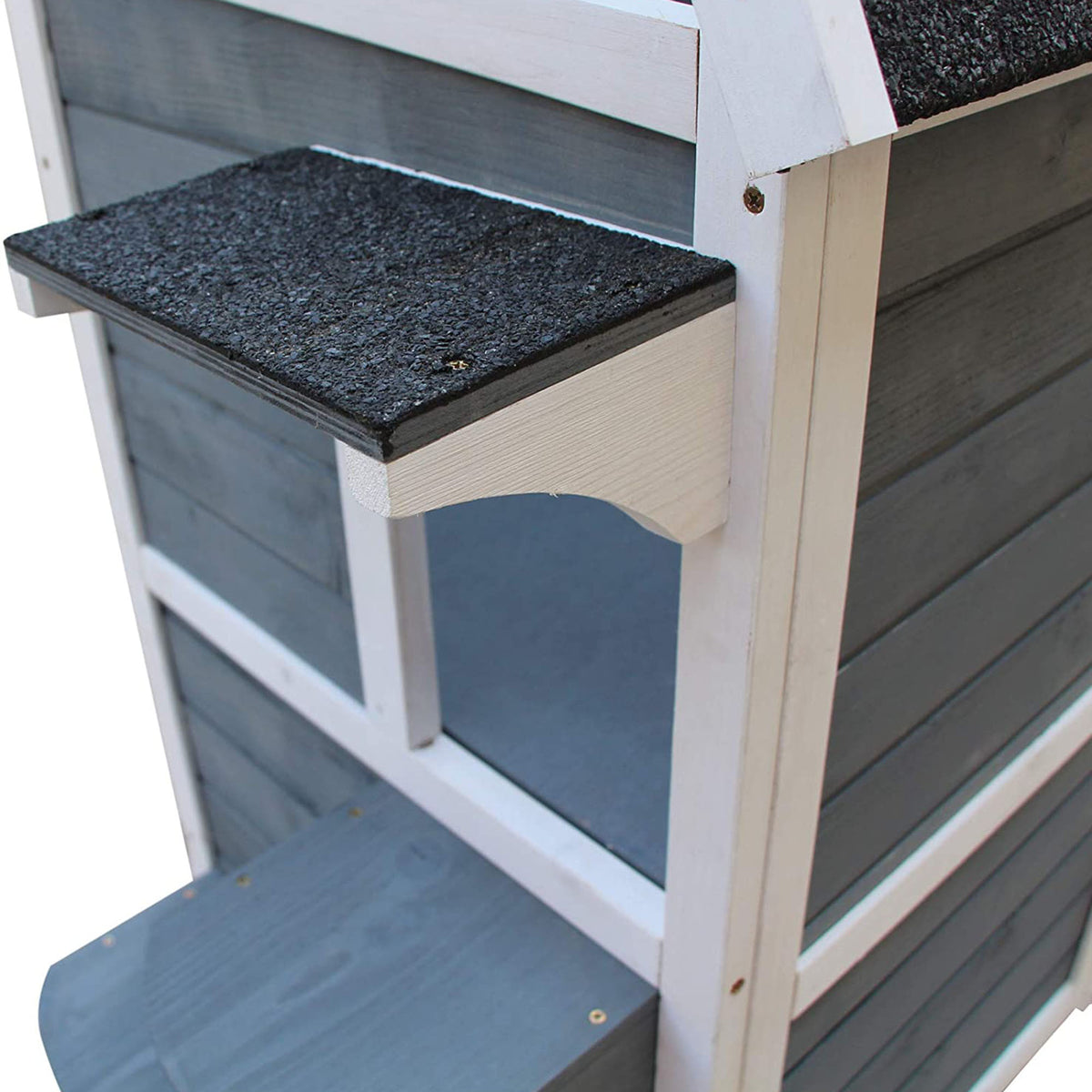 PawHut Katzenhaus aus Holz 2 Etagen Winterfest wasserdicht Katzenhütte mit Asphaltdach Treppen Fenster Katzenhöhle Outdoor Schutzhütte für Draußen Garten Balkon 51 x 51 x 81,3 cm Grau