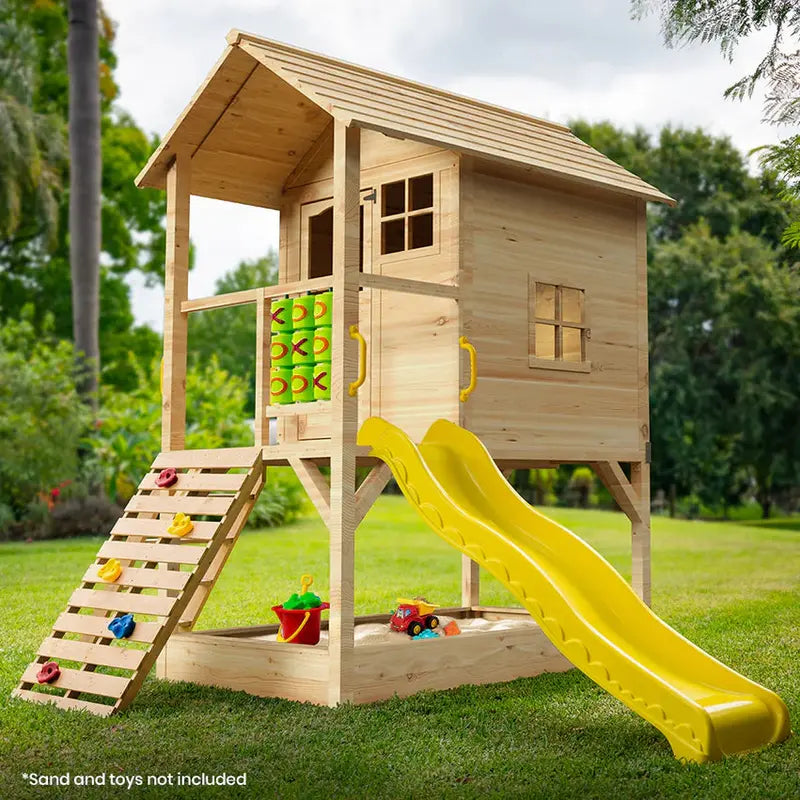 ROVO KIDS Wooden Tower Playhouse – Outdoor Cubby House with Slide, Climbing Wall & Sandpit