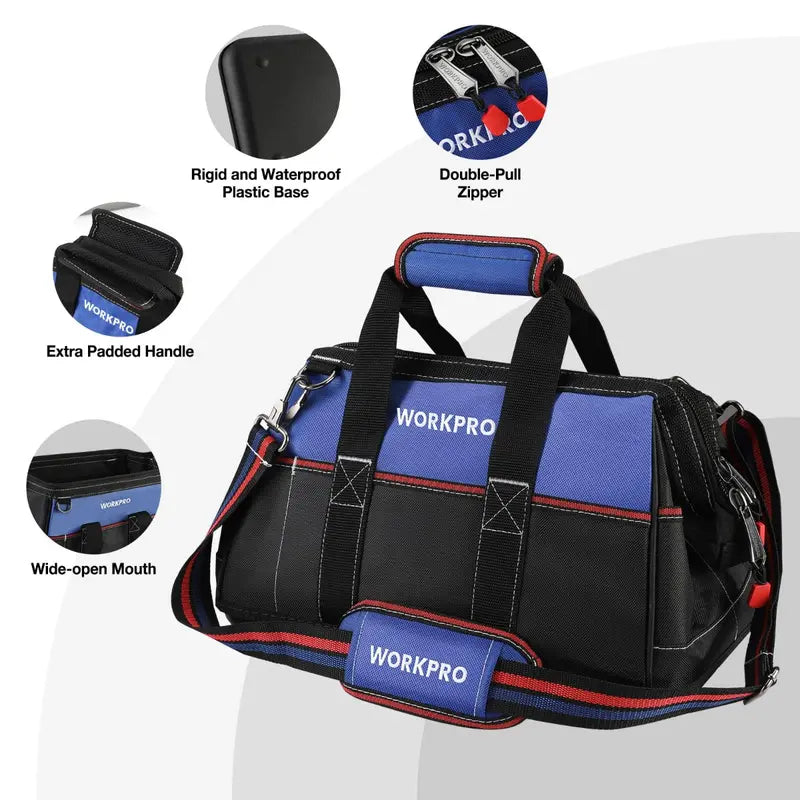 WORKPRO 16-Inch Heavy-Duty Wide-Mouth Tool Bag – Waterproof Molded Base & Adjustable Shoulder Strap