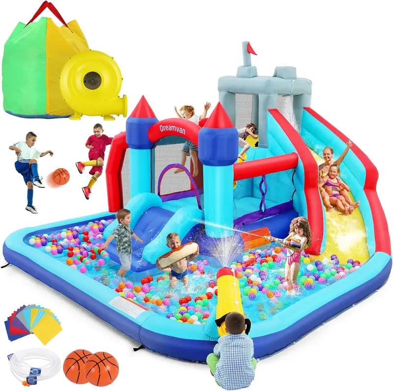 ROOJER Crocodile Water Park 8-in-1 Inflatable Slide & Bounce House with Blower, Pool & Cannons for Kids
