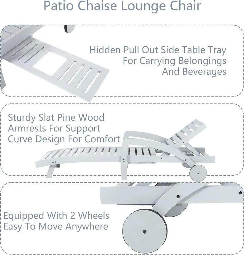 Set of 4 Wooden Poolside Chaise Lounges – 5-Position Adjustable Recliners with Pull-Out Side Tables, Patio or Deck Ready