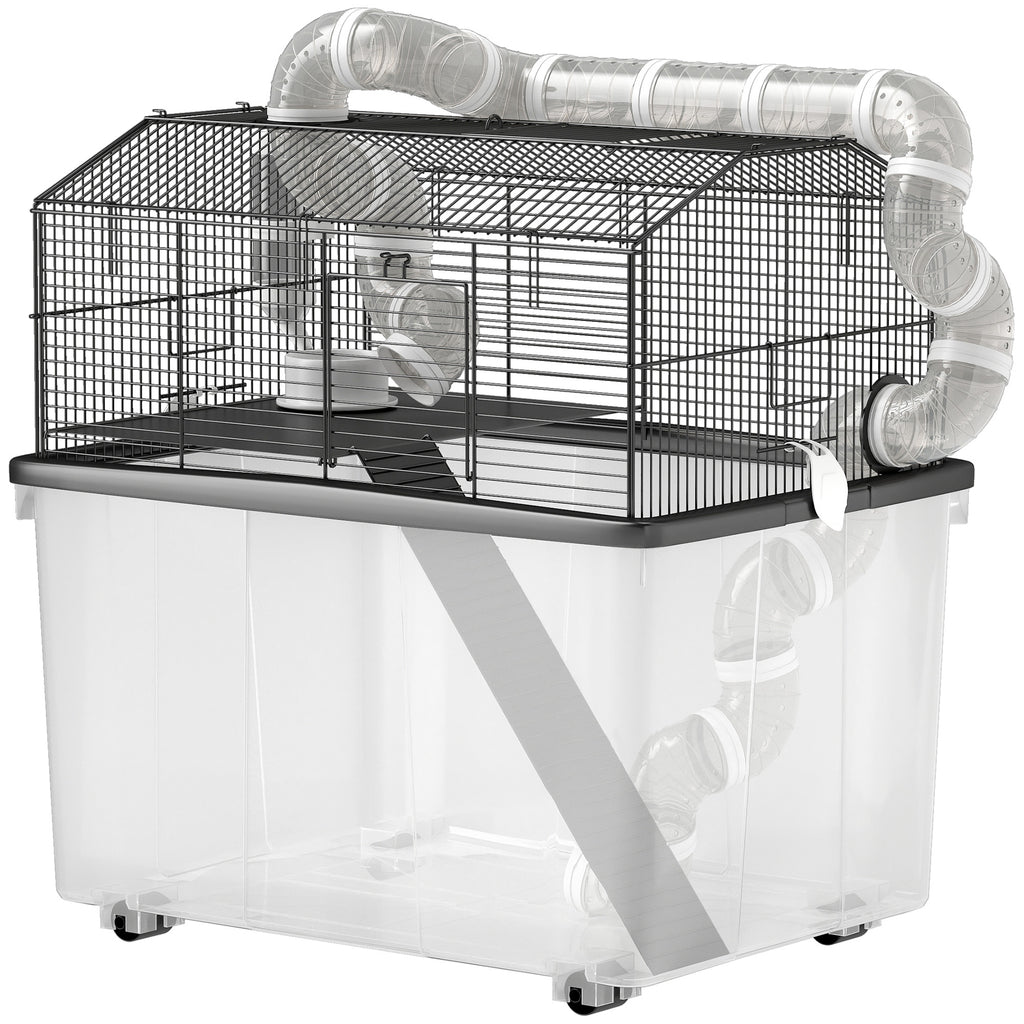 PawHut Tragbarer Hamsterkäfig Hamsterkäfig mit Rampe, Futternapf, Trinkflasche, Rohrsystem 58 x 43 x 57 cm Schwarz