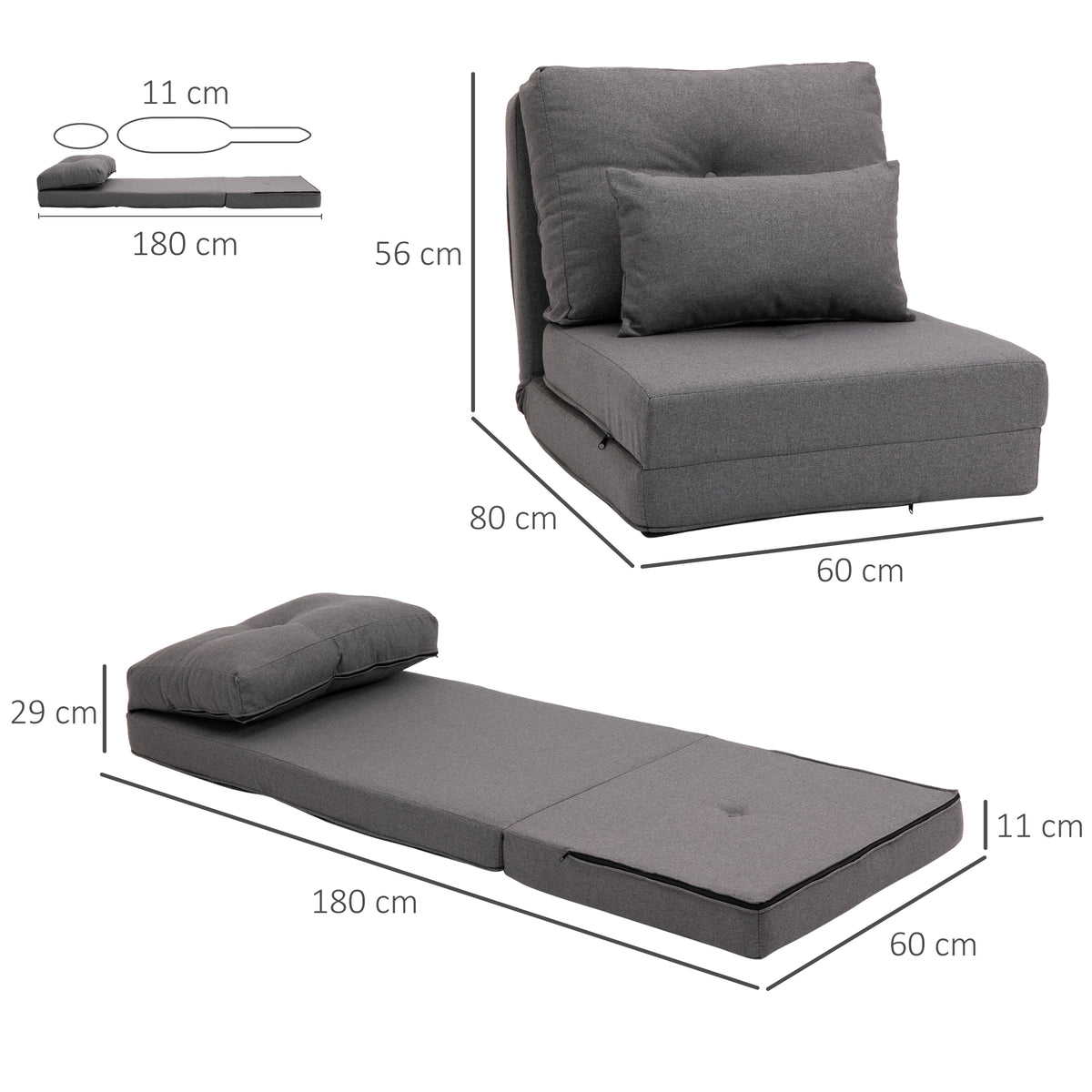 HOMCOM Bodensessel Klappmatratze Schlafmatte, 2-in-1-Design, abnehmbares Kissen, 60 x 80 x 56 cm, Dunkelgrau