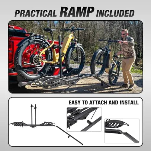 Young Electric 2-Bike Rack Mate R with Ramp for 2″ Receiver, 200 Lbs Capacity, Fits E-Bikes & Fat Tires