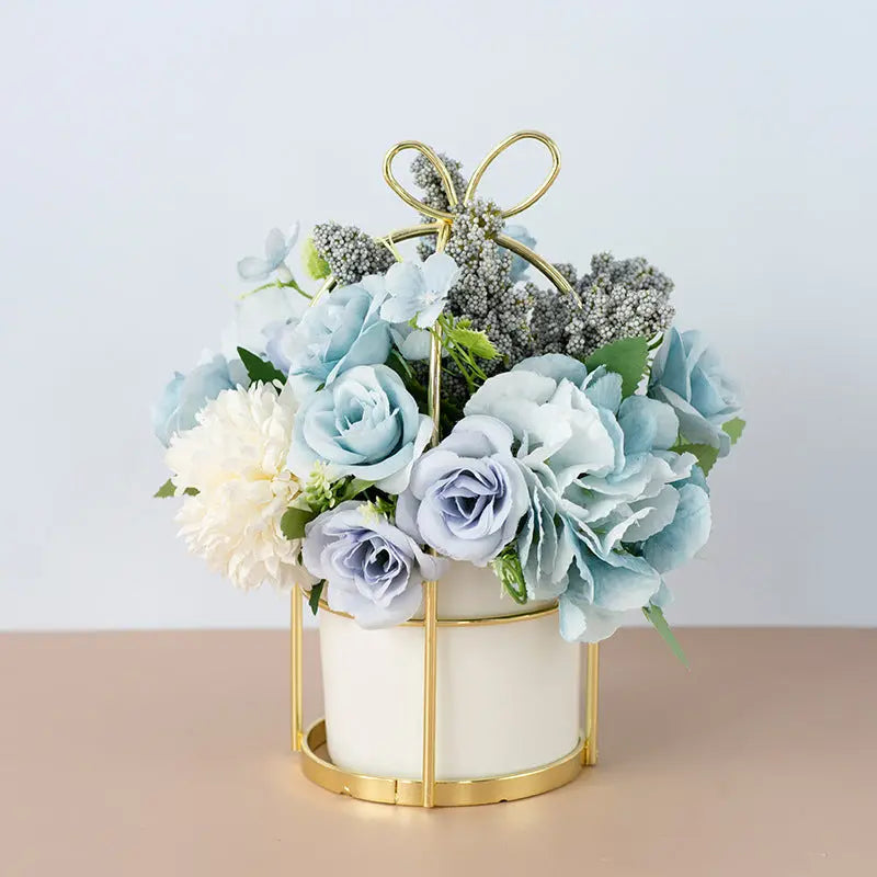 Small Potted Dried Flower Arrangement – Compact Faux Bouquet for Shelf & Table Display