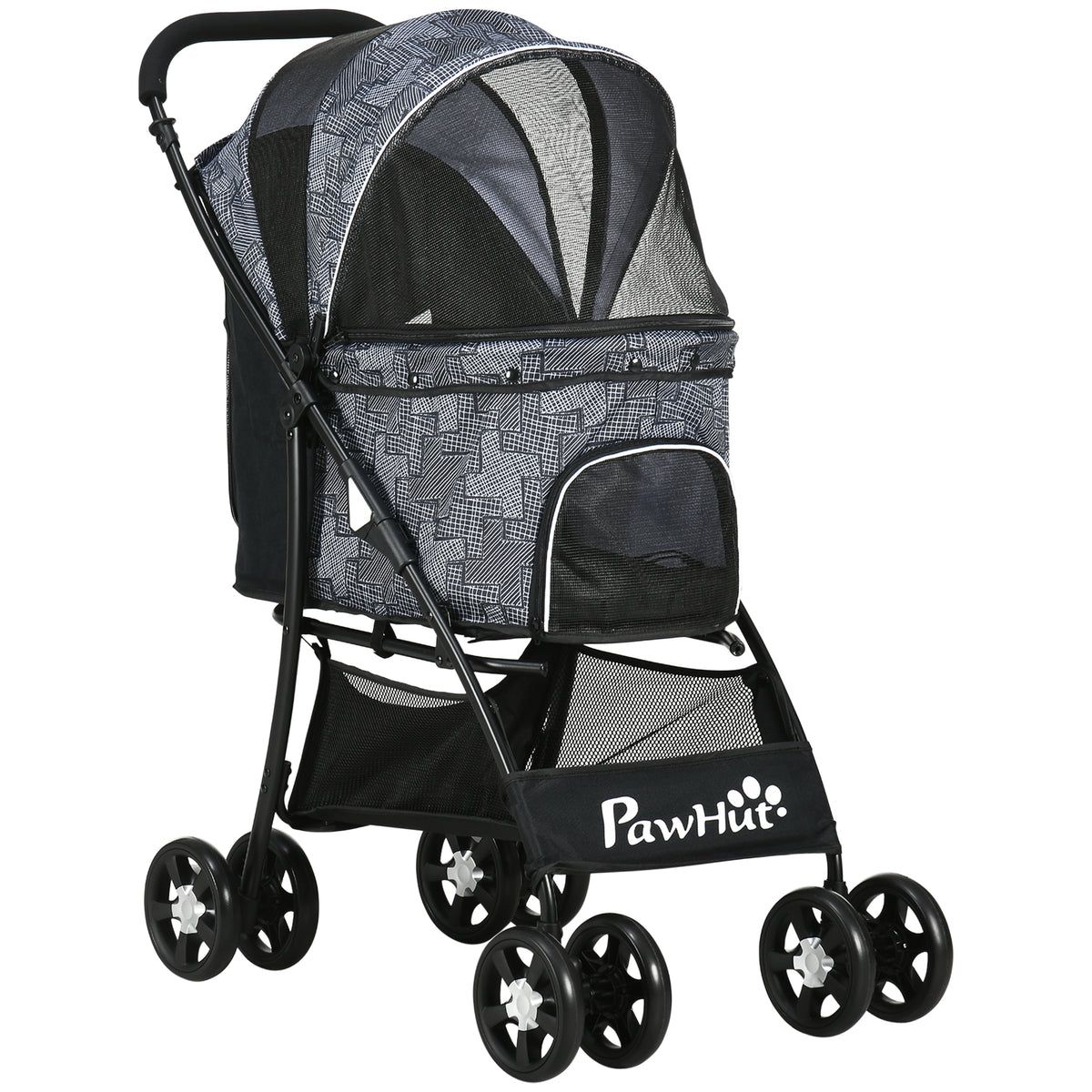 PawHut Hundebuggy Hundewagen bis 10kg klappbar verstellbares Vordach Bodenkorb Kissen Seitentasche 81 cm x 48 cm x 99 cm Grau