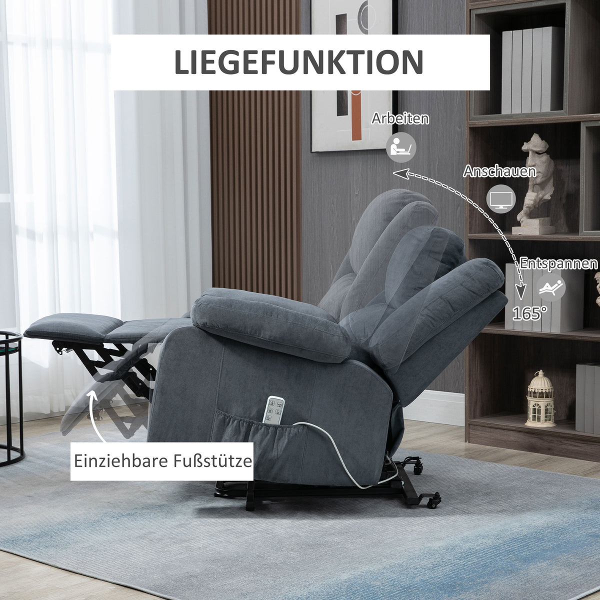 HOMCOM Aufstehsessel, Relaxsessel, mit Liegefunktion, Fernbedienung, Samtoptik, grau, 92 x 93 x 105 cm