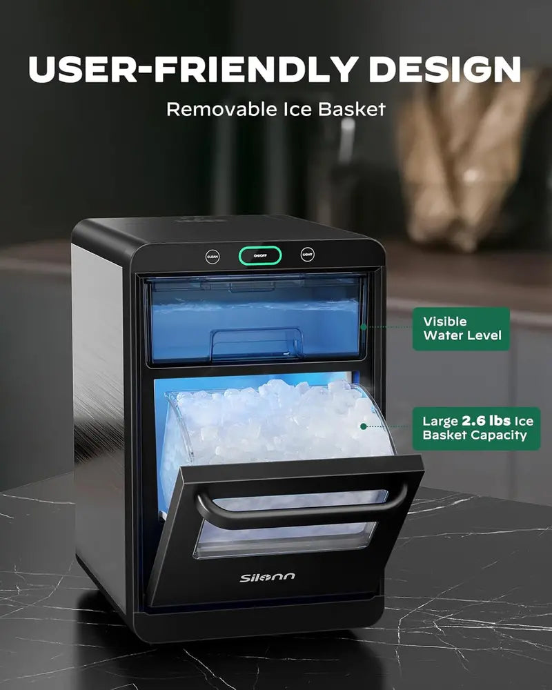 Silonn Countertop Nugget Ice Maker – Compact Design with Pull-Out Water Reservoir and Easy-Remove Ice Basket