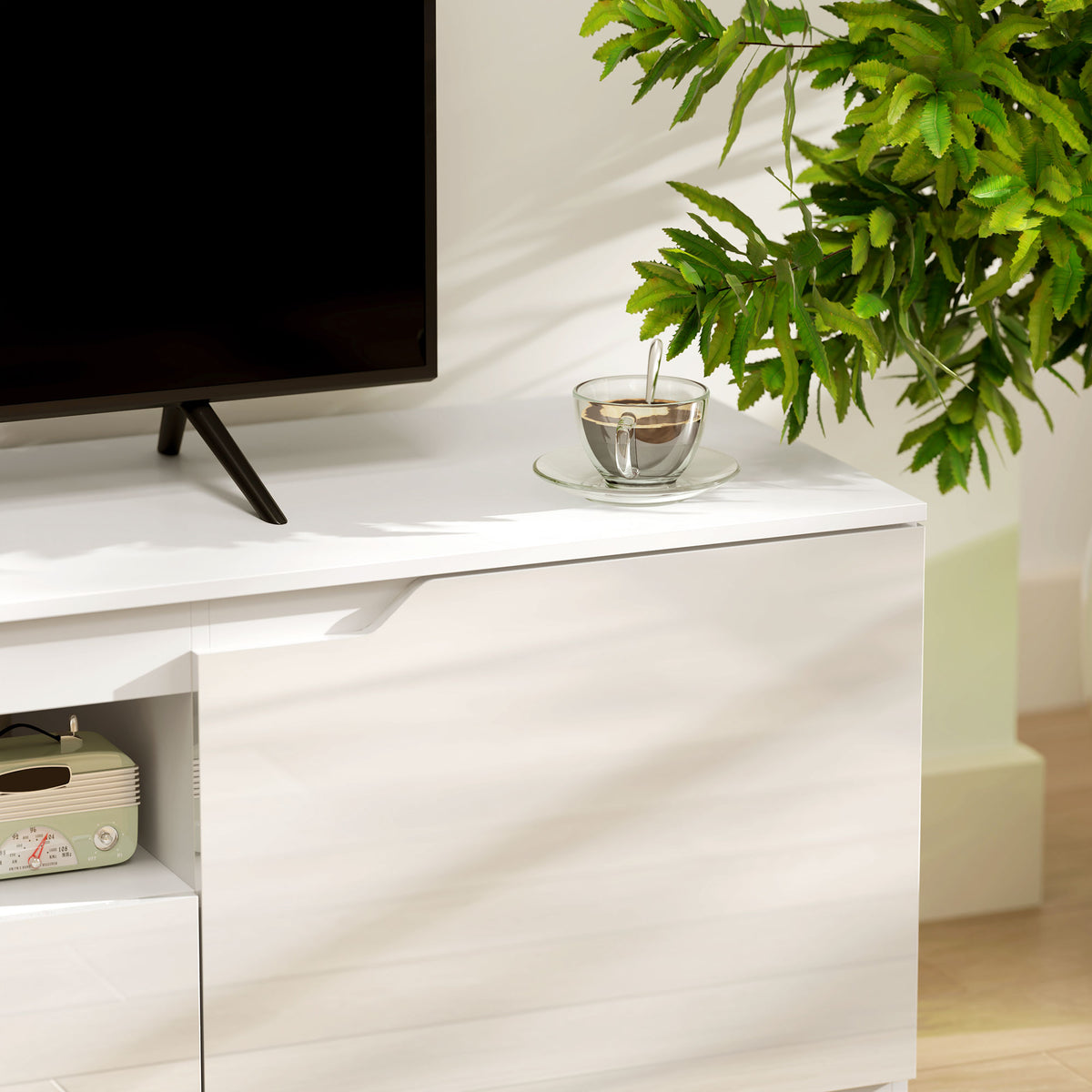 HOMCOM TV-Lowboard, Hochglanz, für Fernseher bis 65'', 3 Fächer, Schublade, 160 x 38 x 43 cm, Weiß