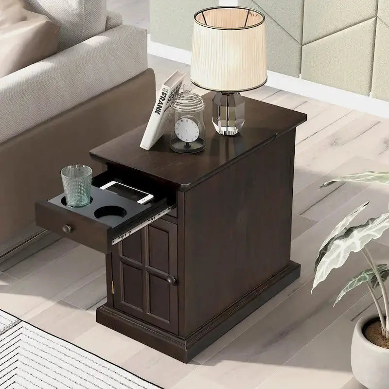 Retro-Style End Table with USB Charging Ports and Multi-Use Drawer Featuring Built-in Cup Holders