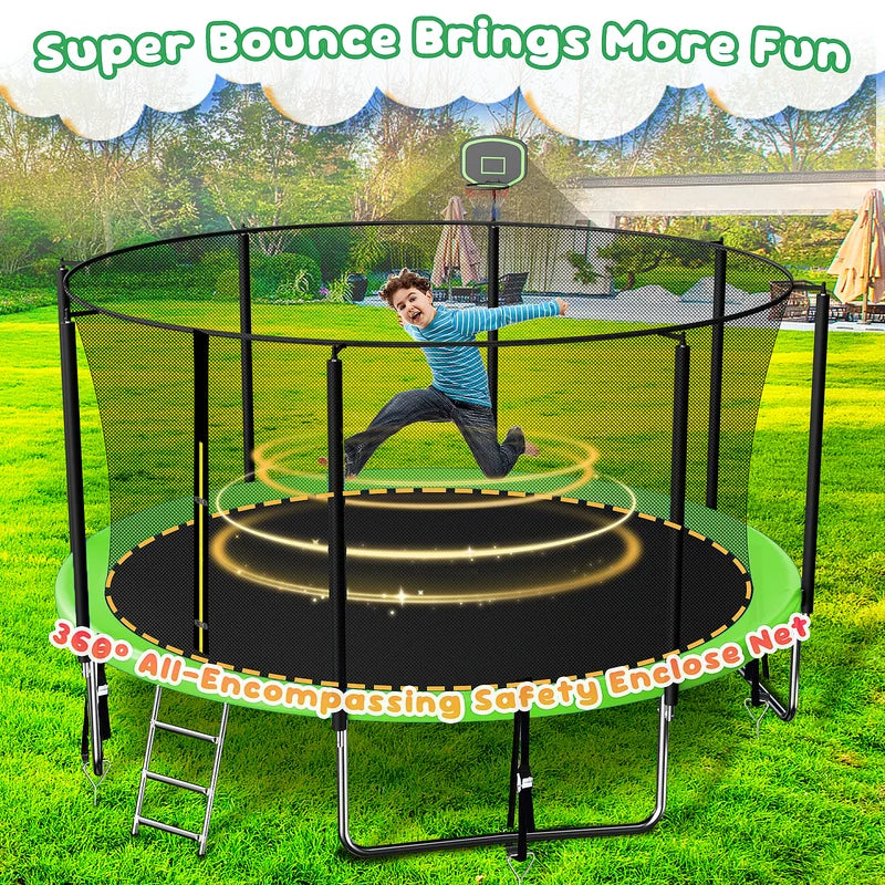 16FT Trampoline for 8 - 9 Kids Adults with Basketball Hoop, Enclosure, Light, Sprinkler, Socks, 2000 lb Outdoor Round Heavy Duty Recreational Backyard Trampoline