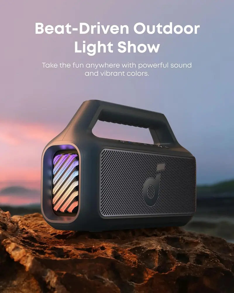 Portable IPX7 Waterproof Outdoor Speaker – 80W Output, BassUp 2.0, 24-Hour Battery, RGB Lighting, Bluetooth 5.3 & Custom EQ for Camping, Beach or Backyard