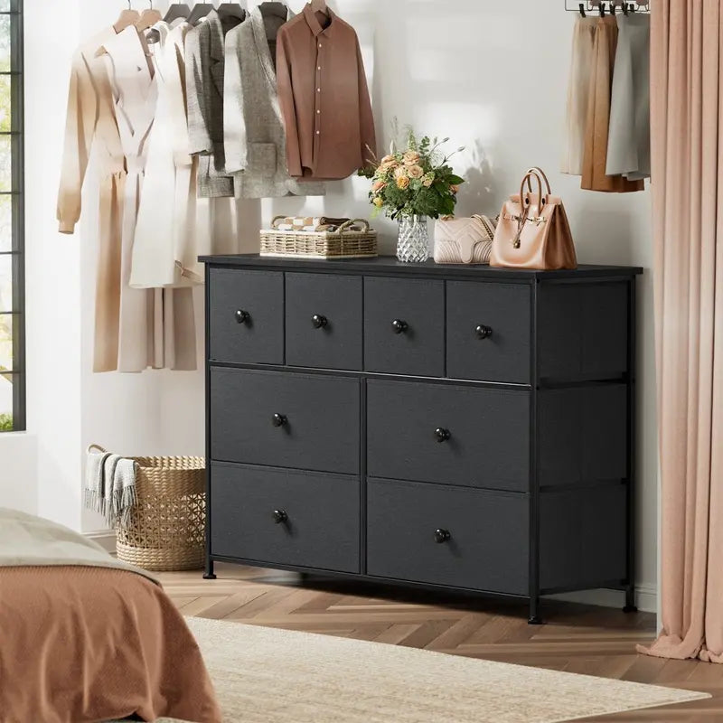 REAHOME 8 Drawer Dresser, Modern Bedroom Chest with Sturdy Steel Frame and Fabric Drawers, Dark Gray