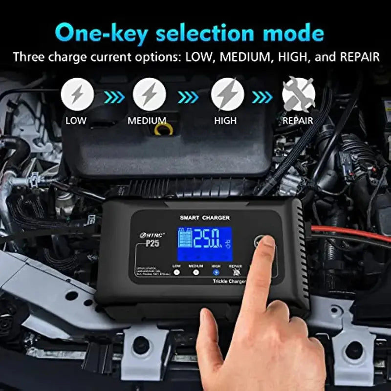 Smart 25A Dual-Voltage Battery Charger — Supports LiFePO4, Lithium, AGM, Gel, and SLA Batteries