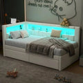 Modern Upholstered Platform Bed Frame – Full or Twin Size with Built-in USB Ports, LED Lighting, and Dual Storage Drawers